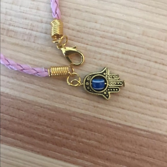 Gold Hamsa Hand Tiger’s Eye Pink Braided Faux Leather Friendship Charm Bracelet - Picture 3 of 3